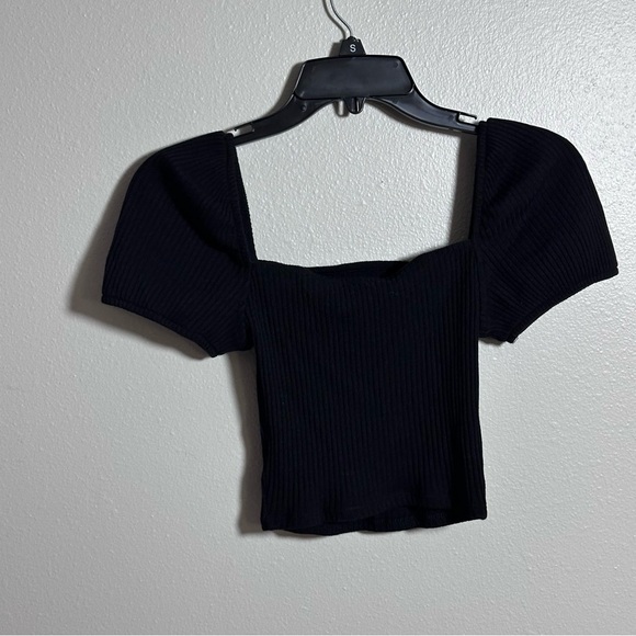 H&M Women Black Ribbed Cropped Top Puff Sleeve Square Neck size XS. - Picture 5 of 7